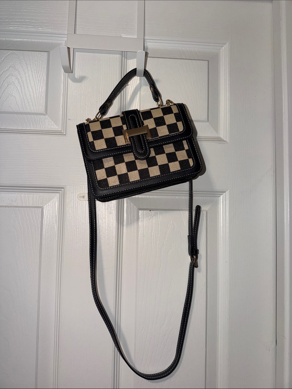Checkerboard Top-Handle Crossbody Bag in Black and Cream